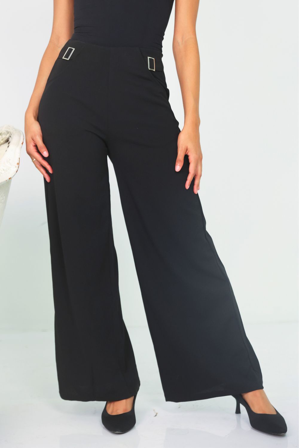 Petite High Waisted Wide Leg Pants (Black) M