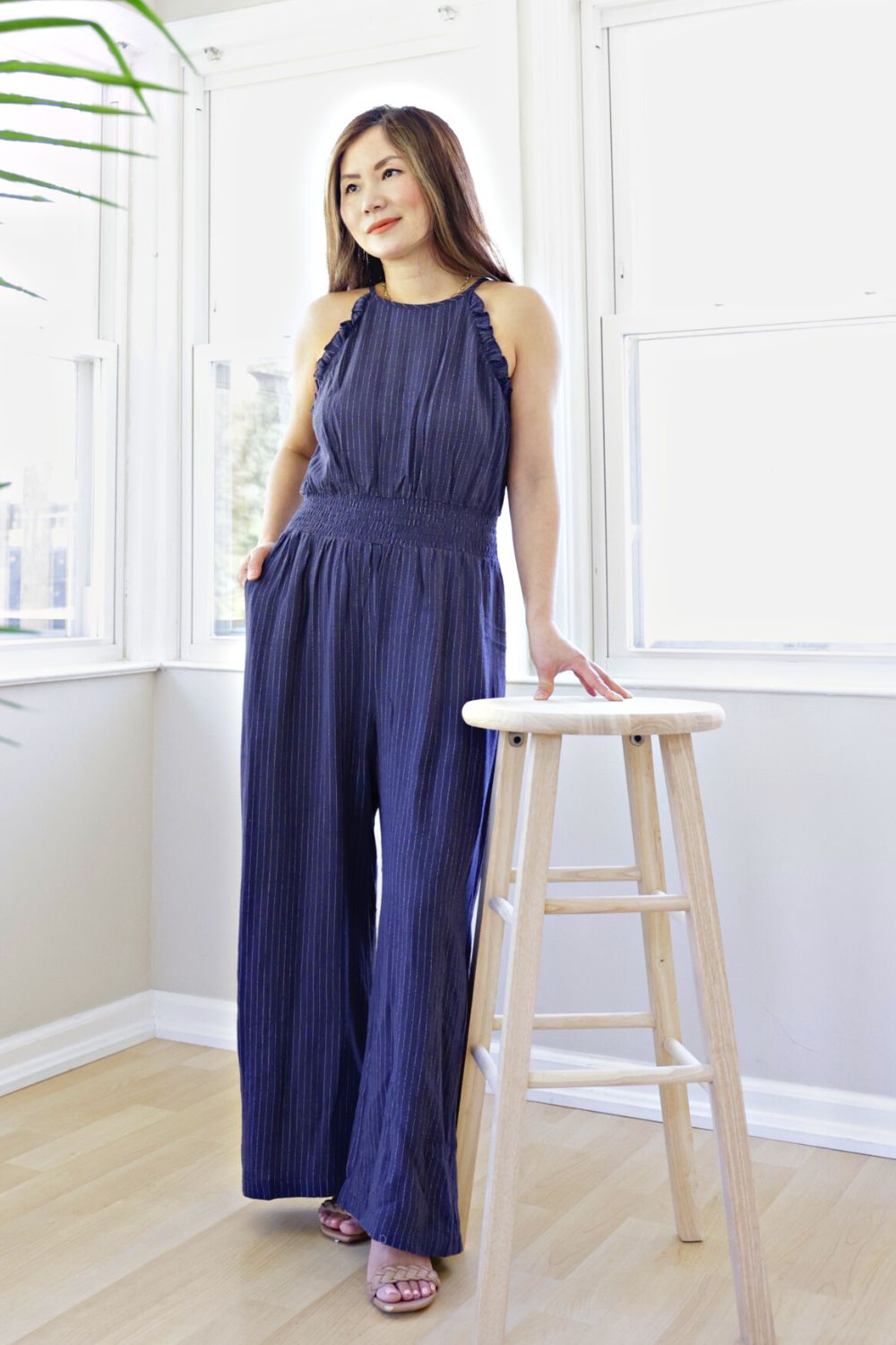 Petite Halter Jumpsuit with Smock Waist (Navy Stripe) – Petite