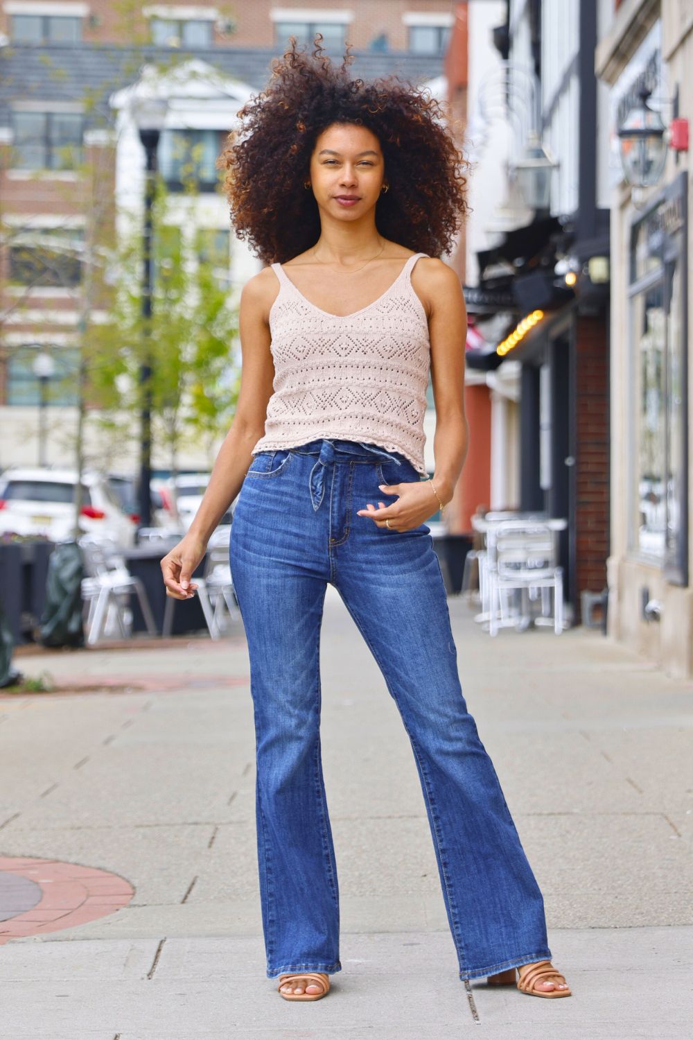 Petite Belted High Rise Flare Jeans (Dark Wash) 30